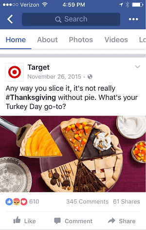 This Thanksgiving post by Target shows well on both desktop and mobile feeds.