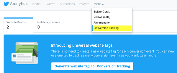 Twitter lets you add code to your website for conversion tracking and to create tailored audiences.
