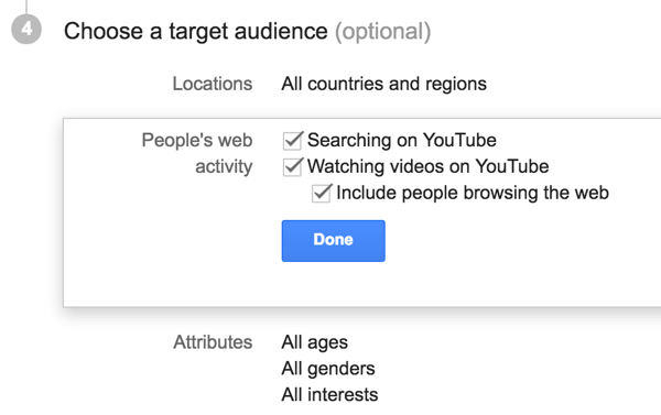 Choose the target audience for your YouTube ad.