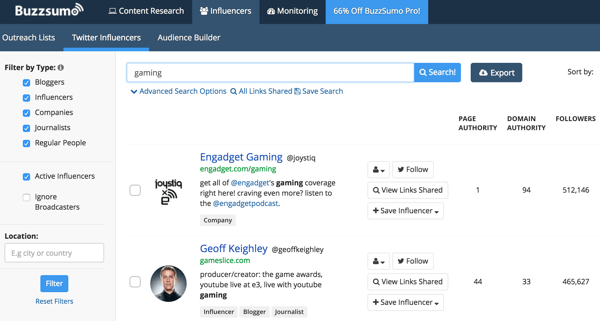 BuzzSumo displays a list of influencers with their stats.