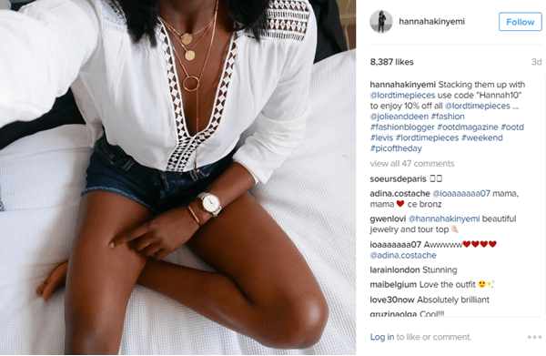 Model Hannah Akinyemi features a watch from Lord Timepieces along with a discount code on Instagram.