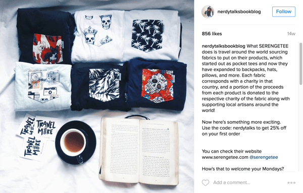 Nerdy Talks Book Blog features Serengetee products and informs followers about the cause on Instagram.