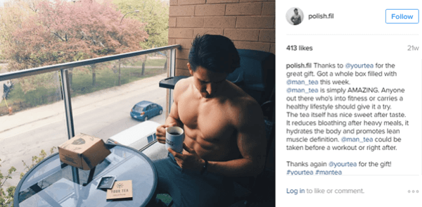 Micro-influencer Filip Tomaszewski poses with Man Tea and shares the benefits with his Instagram followers.