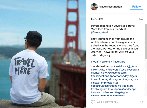 Travels Destination features Serengetee products and informs followers about the cause on Instagram.