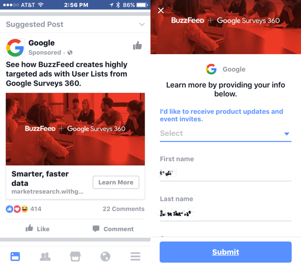 When users click on a lead ad, Facebook autopopulates their information in the form to make the signup process easier.