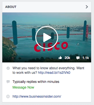 The About section of the Business Insider's Facebook page shows their Message Now badge, which tells visitors they typically respond to messages within minutes.