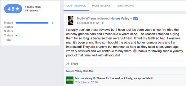 A Nature Valley customer leaves a customer review on the company's Facebook page.