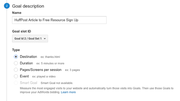 When you set up a goal for your Facebook ad in Google Analytics, typically you'll ask Google to track conversions through to a thank-you page.