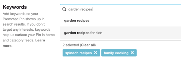 Add keywords that are appropriate to the pin and would appeal to your buyer persona.