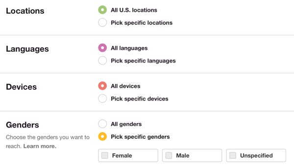 Depending on your persona and Pinterest content, you may want to target more specific locations or languages.