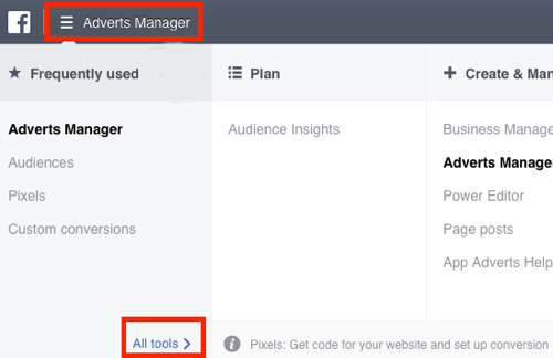 Navigate to the Pixels dashboard in your Facebook Ads Manager.