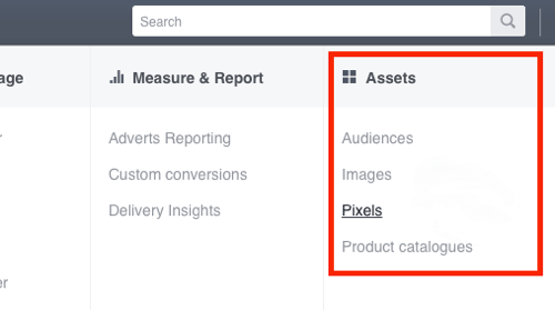Click Pixels in your Facebook Ads Manager.