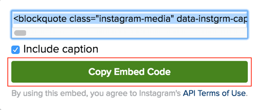 Click the green button to copy the Instagram post embed code.