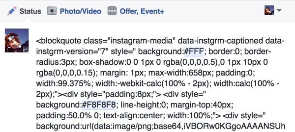 Paste the embed code from your Instagram post into a Facebook status update.