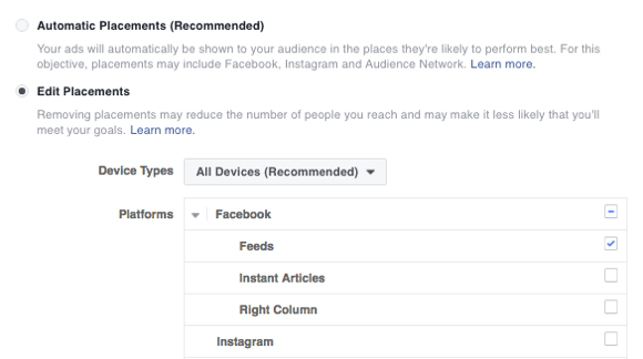 Choose the placement for your Facebook ad.