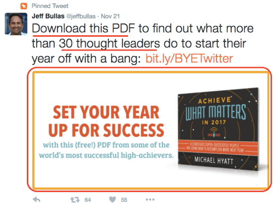 Jeff Bullas uses an engaging Twitter image to encourage downloads of his ebook.