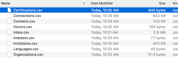 Your LinkedIn profile data is divided into various CSV files.