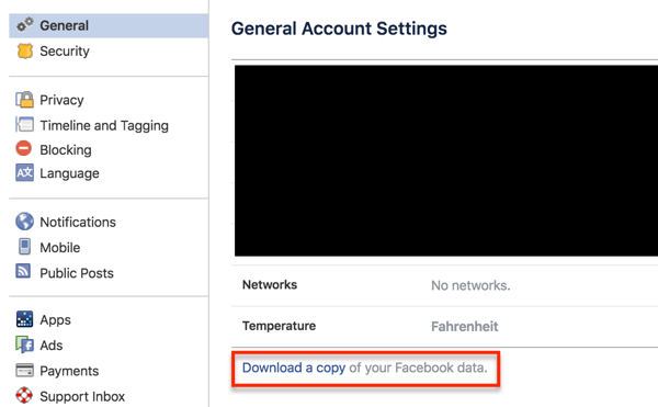 Click the link to download your Facebook profile data.