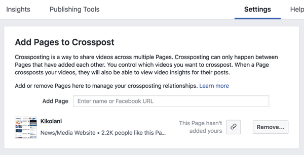 Set up a cross-posting relationship between two Facebook pages.