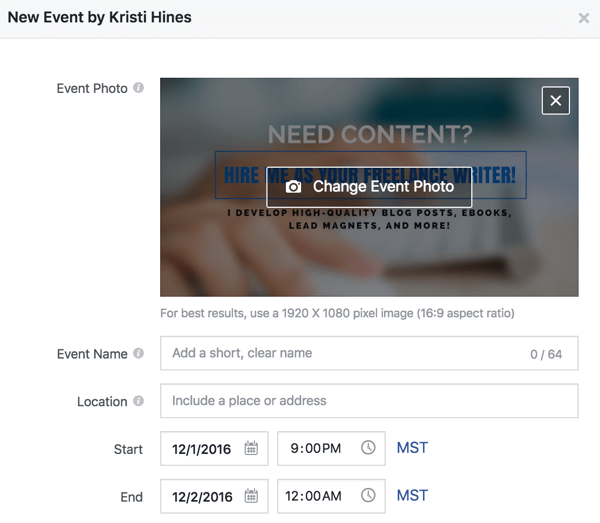 Fill out these details to create a Facebook event.