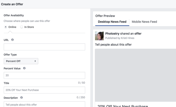 Provide these details to create a Facebook offer.