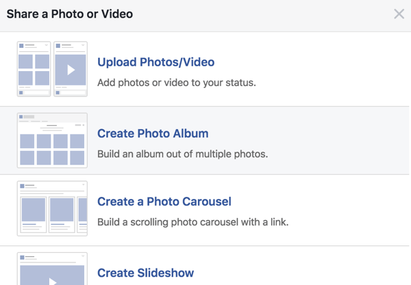 These are your options for Share a Photo or Video.