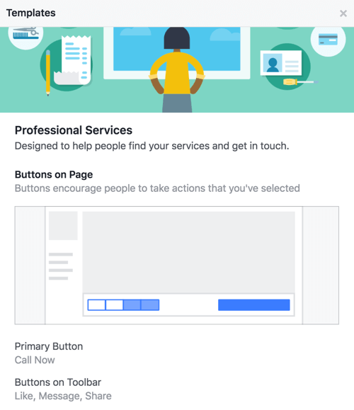 Find out which buttons and calls to action come with your Facebook page's template.