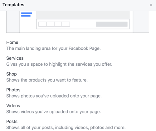 Get details on the tabs for your Facebook page's template.