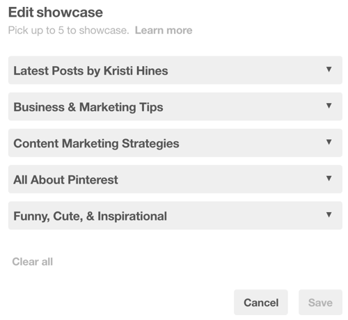 You can choose up to five Pinterest boards for your showcase.