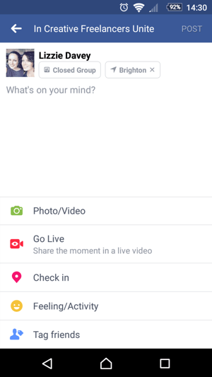 To begin using Facebook Live, tap Go Live when you're creating a status.