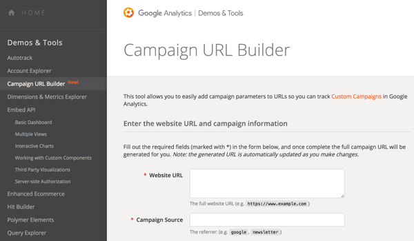 Use Google URL Builder to add parameters to your URLs so you can track your campaigns.