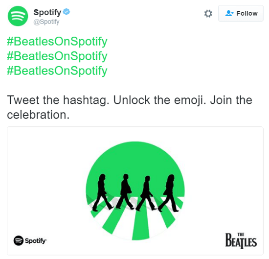 The #BeatlesOnSpotify hashtag was 4x more popular than #Beatles during the Beatles catalog launch, largely thanks to this iconic emoji.