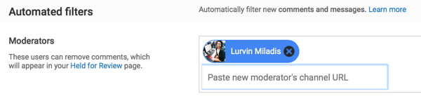 All you need to add YouTube moderators is their channel URL.