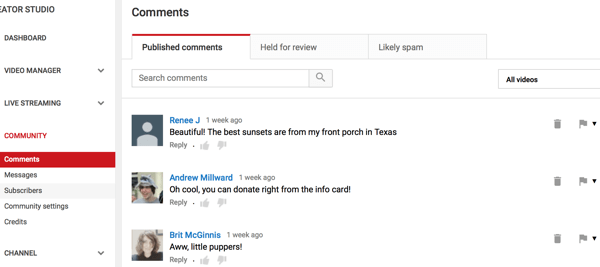 The Community section in YouTube Creator Studio consolidates comments from all of your videos for easy review and monitoring.