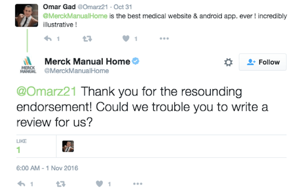 Merck Manual Home encourages a customer to leave a review for their app.