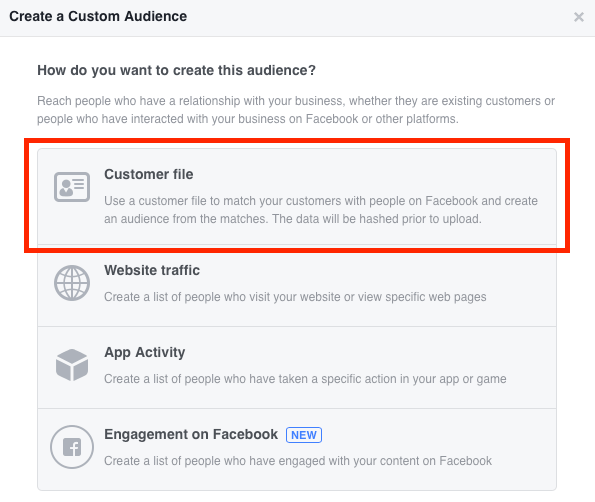 Select Customer File when creating a Facebook custom email audience.