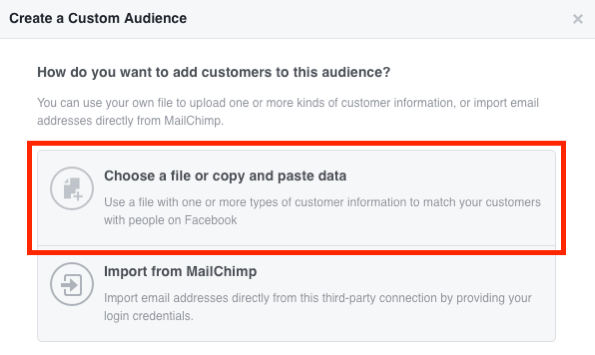 Select Choose a File or Copy and Paste the Data to create your Facebook custom email audience.