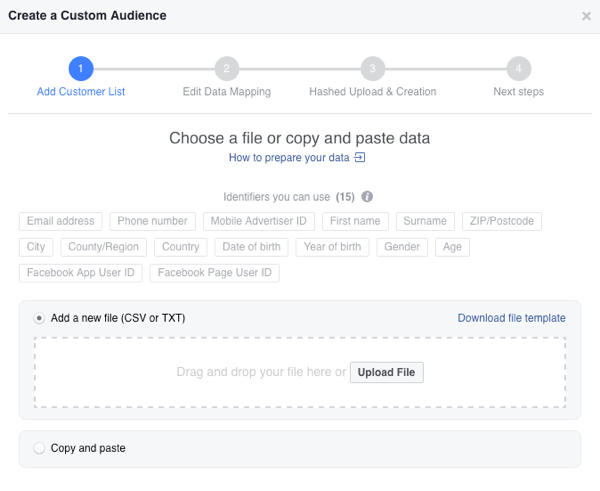 Upload your email list as a CSV file to create your custom email audience on Facebook.