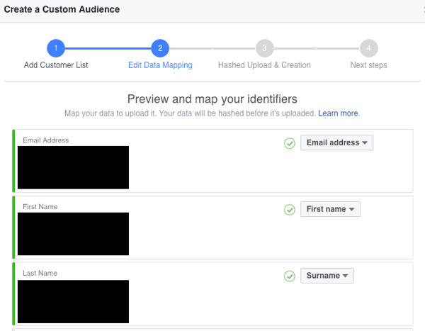 Select the identifiers you want to map for your custom email audience.