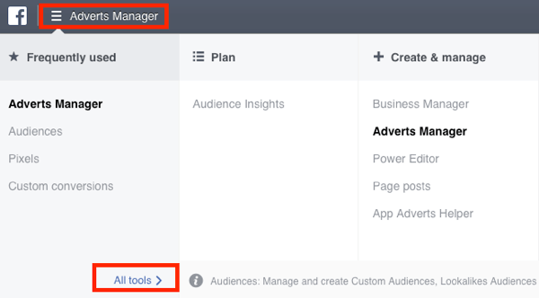 Navigate to the Audiences dashboard in your Facebook Ads Manager.