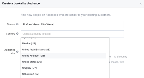 Select the country for your Facebook lookalike audience.