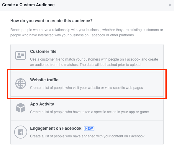 Select Website Traffic to set up your Facebook custom conversions audience.