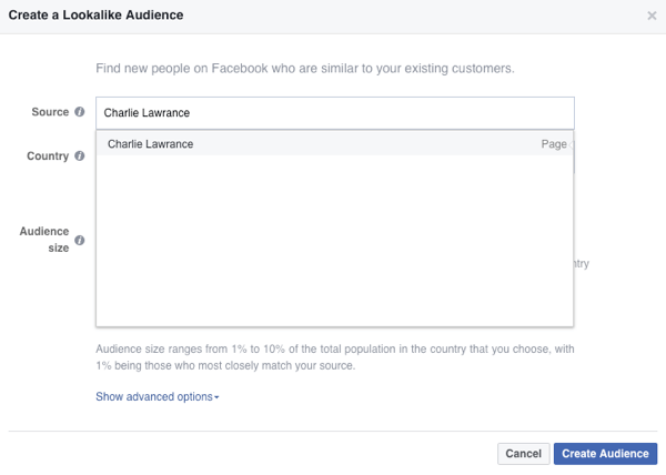 In the Source field, select your Facebook page.