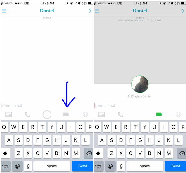 To make a Snapchat video call, tap the video icon in your open conversation with a customer.