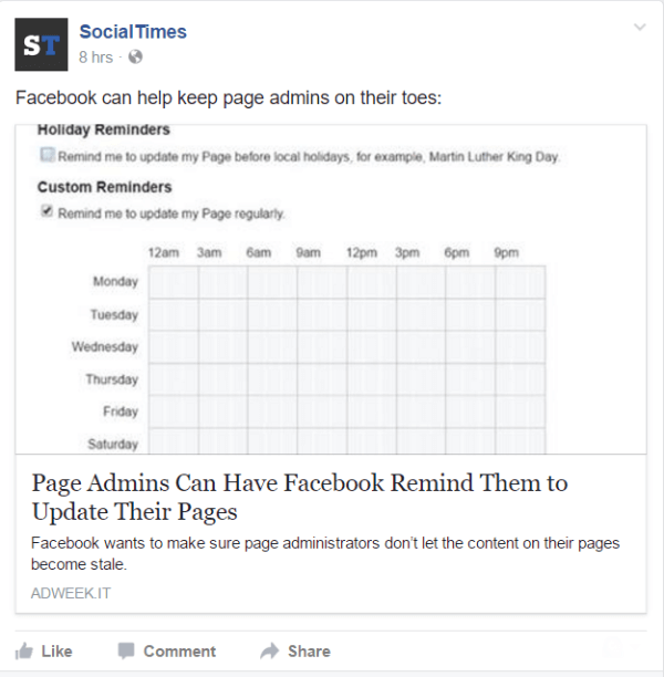 Facebook adds ability to set reminders for Page Admins.
