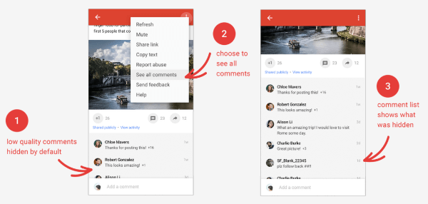 Google+ offers the option to hide lower quality comments on posts, so you can focus on the comments that matter most.