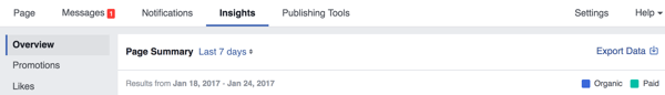 Go to the Overview tab to export your Facebook Insights data.