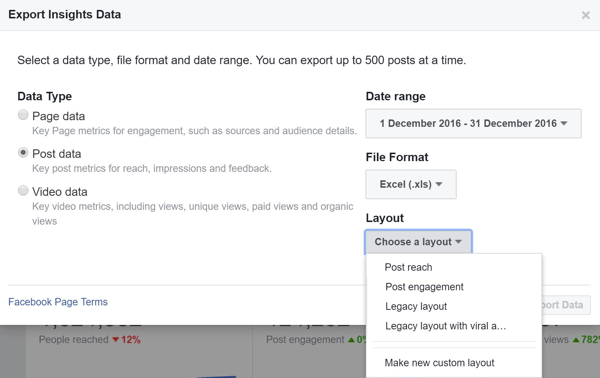 Choose a layout when exporting your Facebook Post Data Insights.