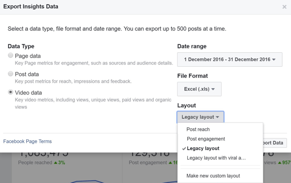 When you export your Facebook Video Data file, you need to choose which layout to download.