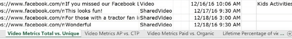 The first tab of your video insights file shows metrics for total and unique video views.